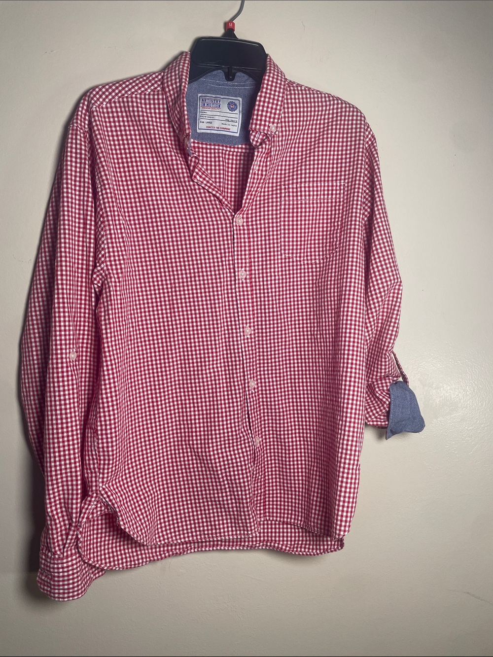Artistry in Motion Men's Red Gingham Button-Down Shirt Large Chambray Micro